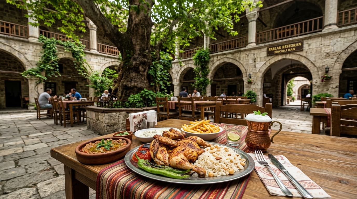 Parlak Restaurant Zincirli Han avlusu ve kömürde piliç çevirme