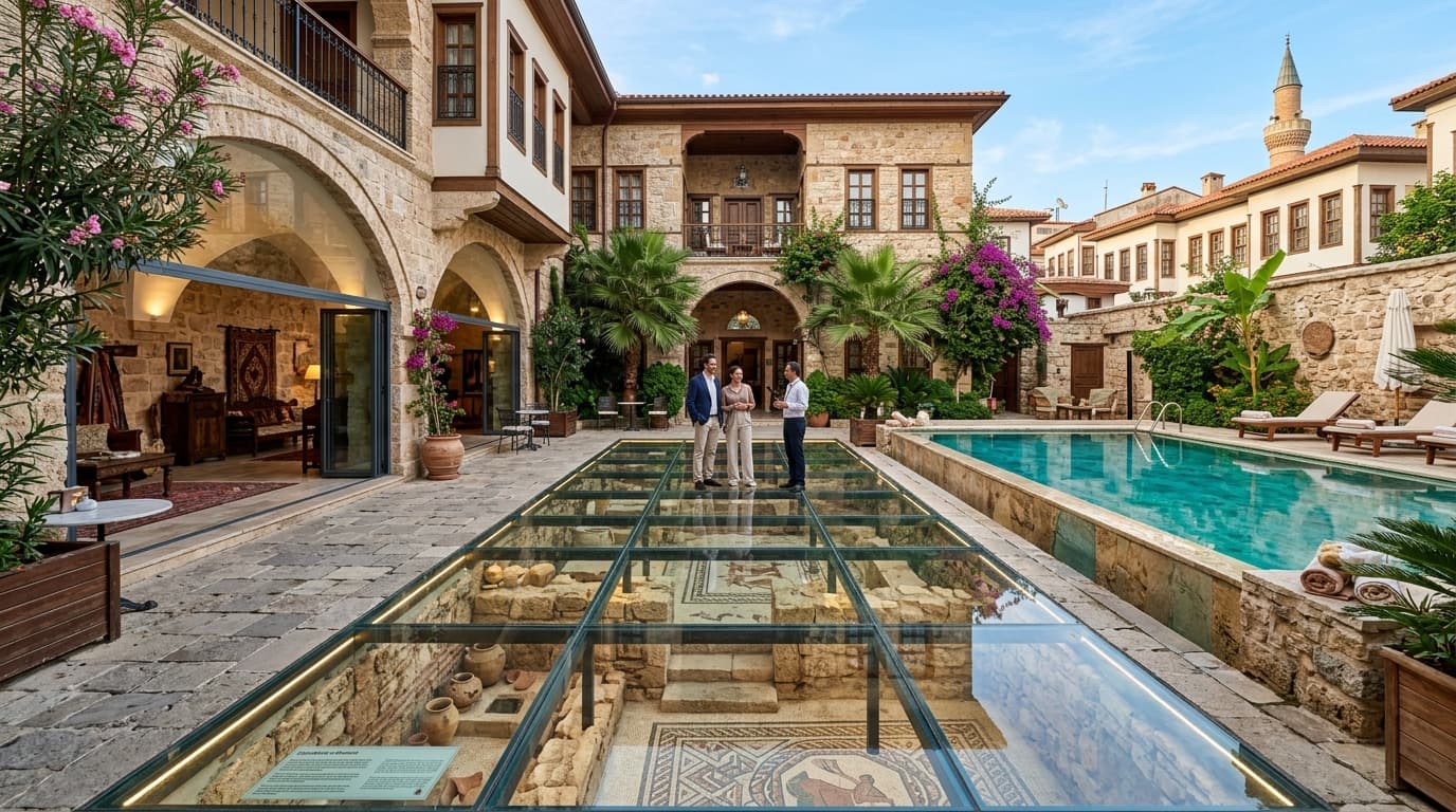RuinAdalia Hotel cam tabanlı antik kalıntılar ve havuz