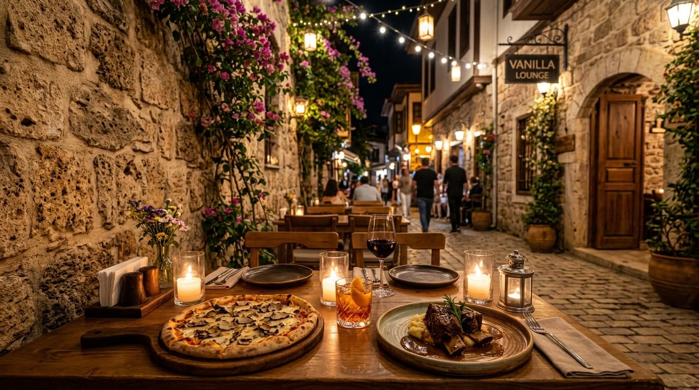 Vanilla Lounge Kaleiçi sokak masaları ve taş fırın pizza